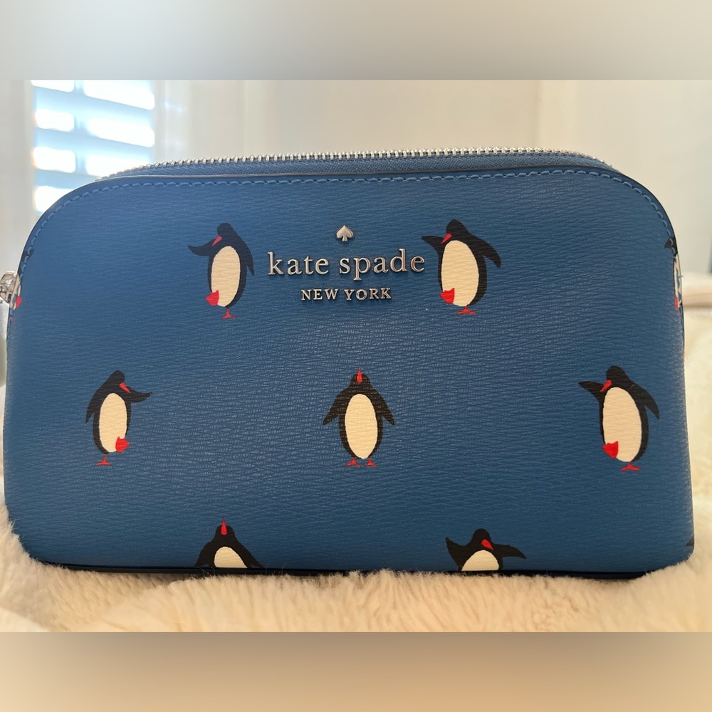 Kate Spade Cosmetic Pouch | NWT Penguin Arctic Blue Leather Toiletry Case